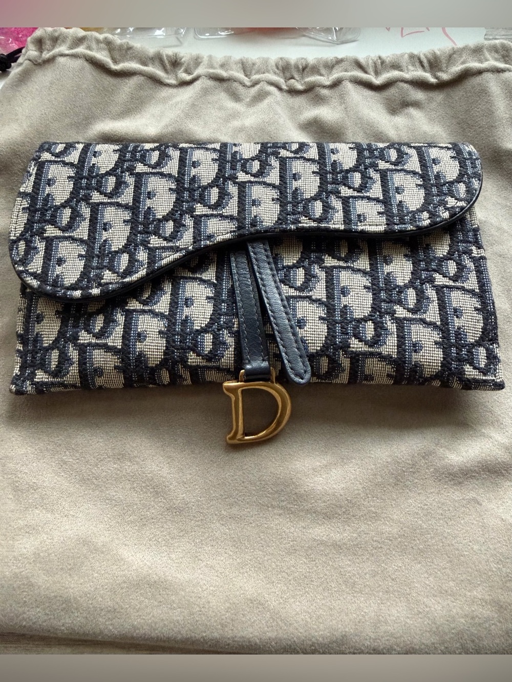 Blue Dior Oblique Jacquard Small Saddle Pouch with Chain